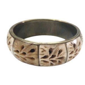 Vintage 1980s Carved and Brass Bangle Bracelet Boho 8 Inch Circumference